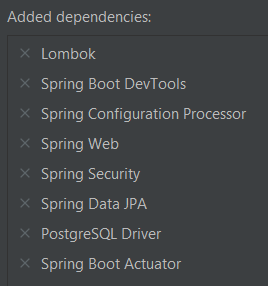 Chosen dependencies in the spring initializer