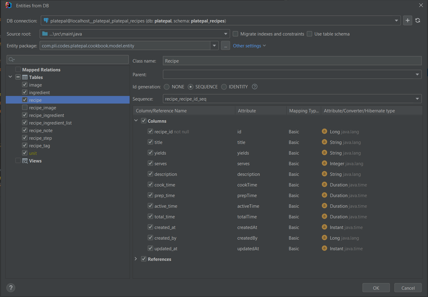 JPA Buddy user interface for entity generation
